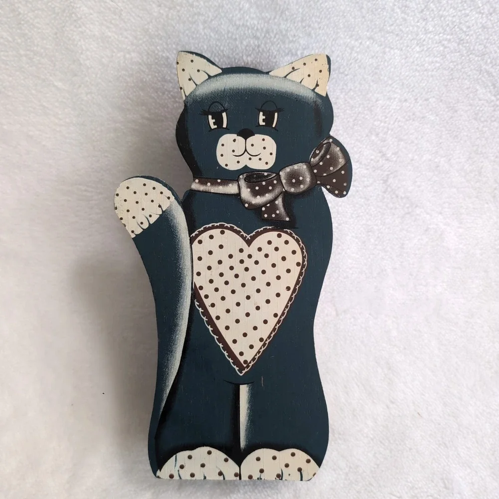 Vintage Hand Painted Wooden Cat Long Match Holder Navy Blue Cottagecore kitty
